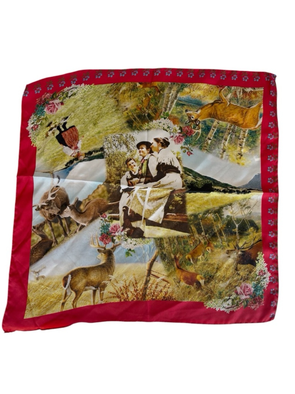 F&F Made in Italy 100% Silk Scarf Alpine Deer Folk Art Scene